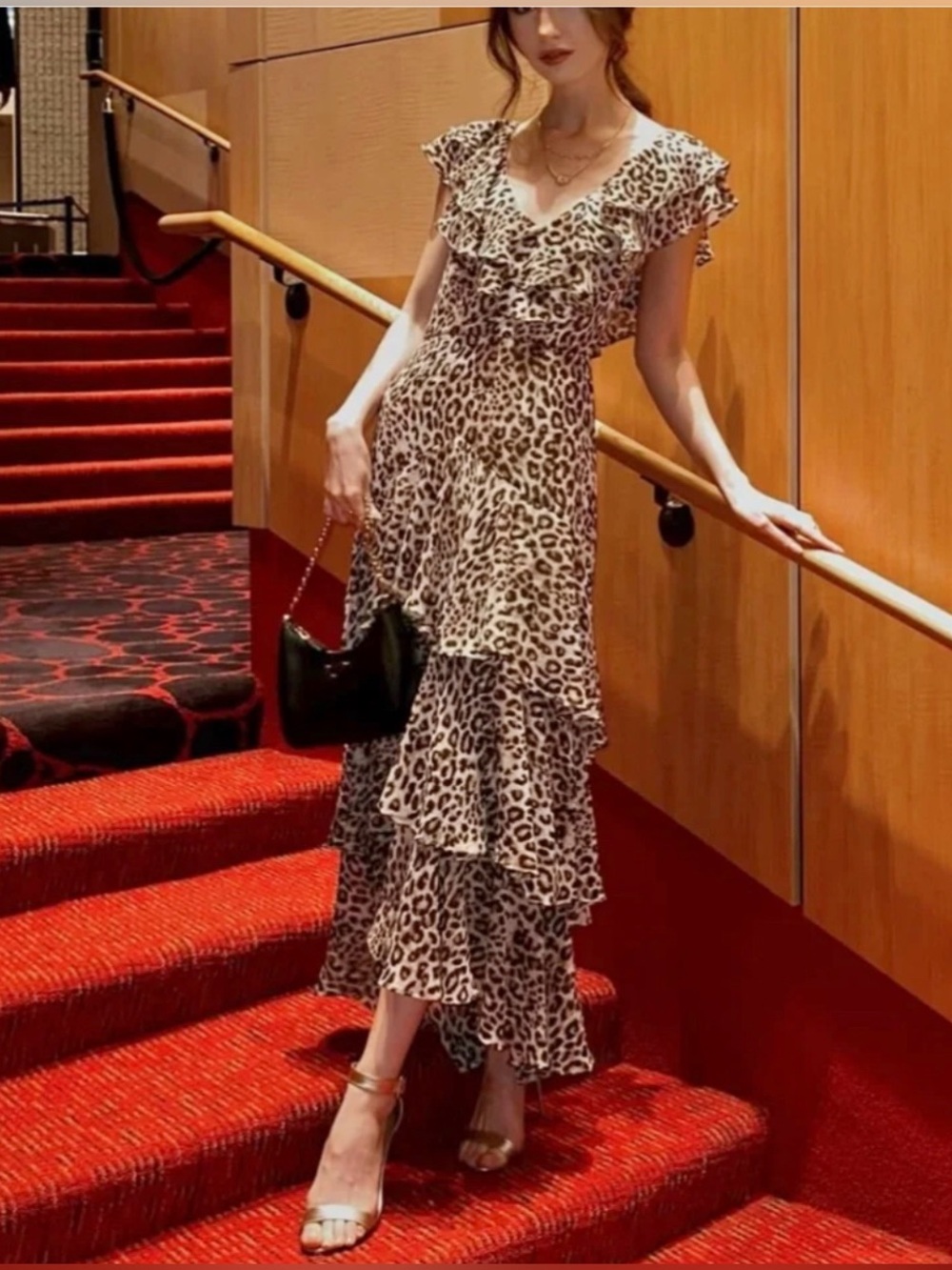 Wayf Animal Print Leopard Ruffle Tiered Maxi Dress NWT
